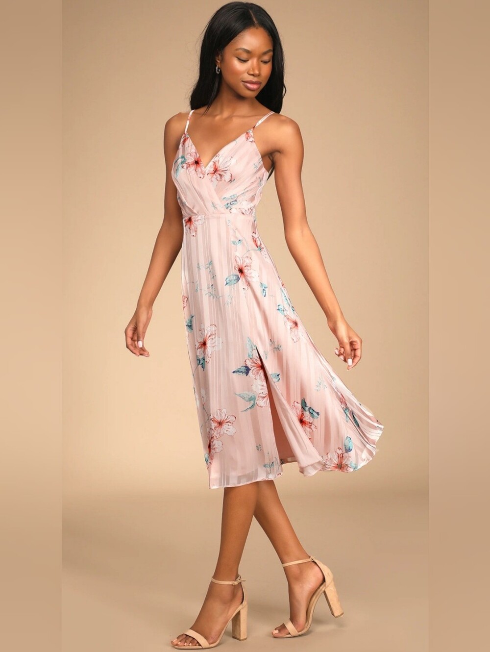 Lulus All About Love Pink Floral Print Midi Dress Size M